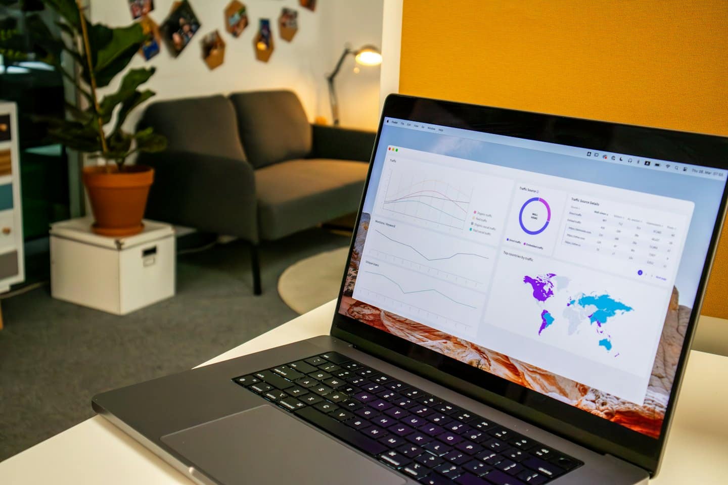 Laptop displays business analytics charts on a white desk.
